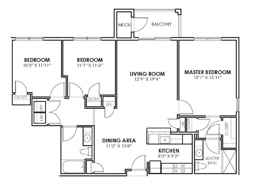 Floor plan for 3 beds, 2 baths, 1297 sqft